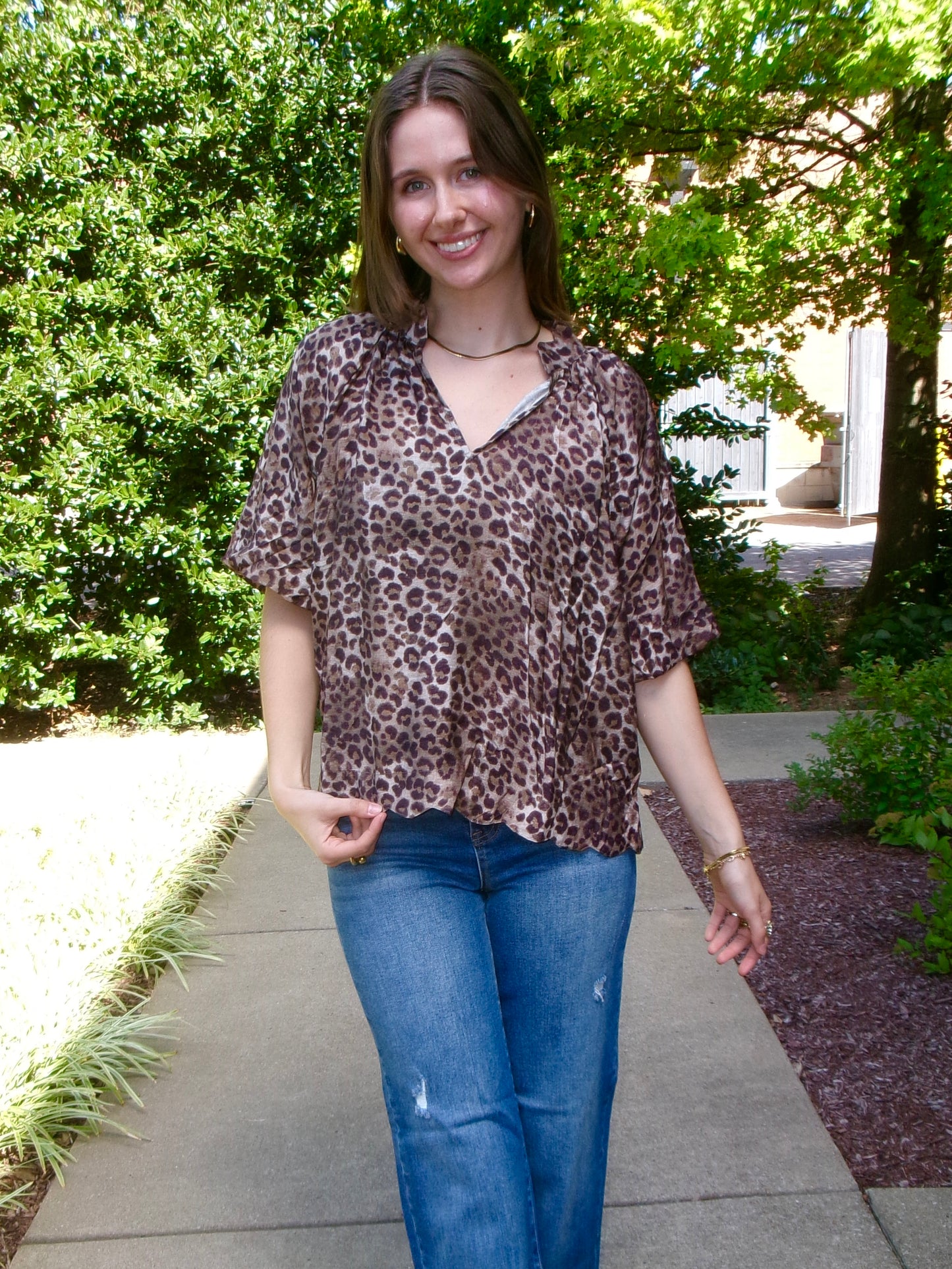 Leopard Bubble Sleeve Blouse