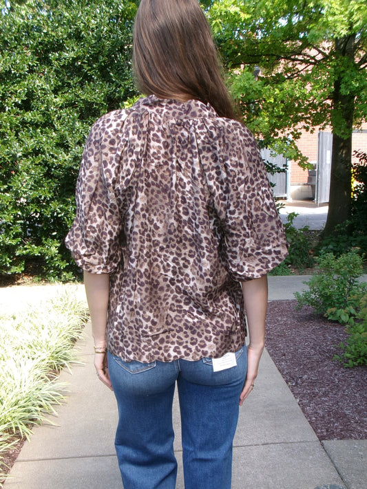 Leopard Bubble Sleeve Blouse