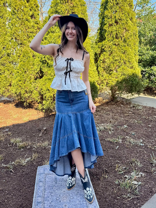 Risen Hi-Lo Denim Skirt