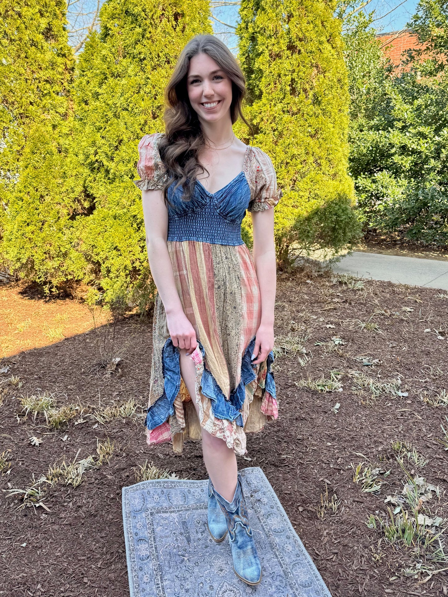 Denim Patch Peasant Dress