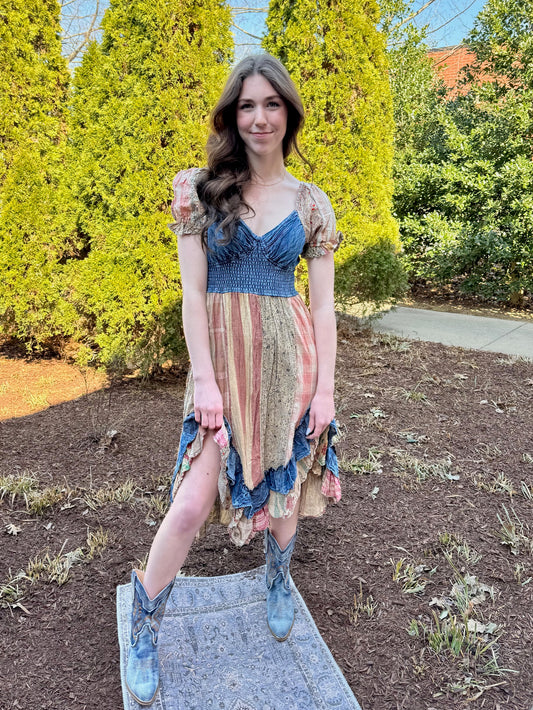 Denim Patch Peasant Dress