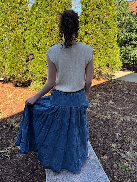 Denim Tiered Maxi Skirt