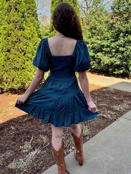 Aria Teal Eyelet Puff Dress