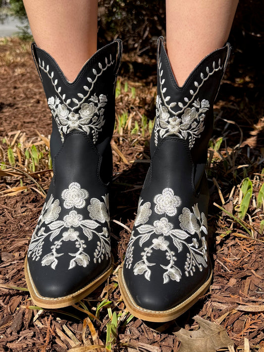 Caroline Black Floral Bootie