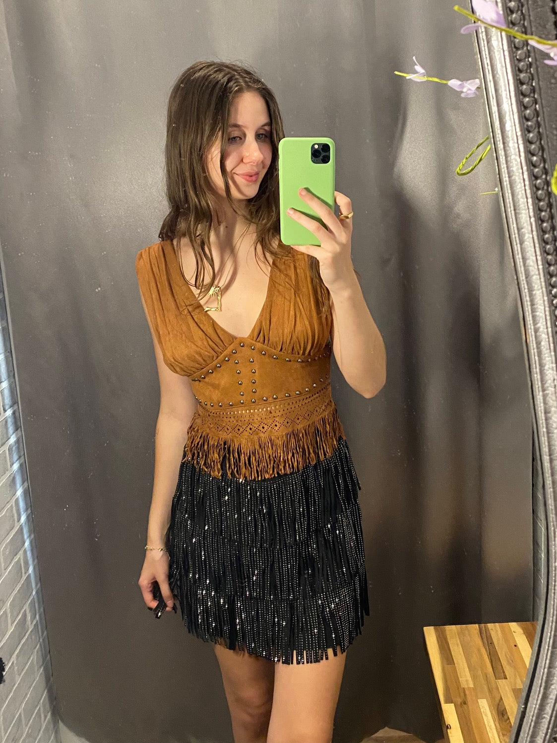 Studded Fringe Mini Skirt