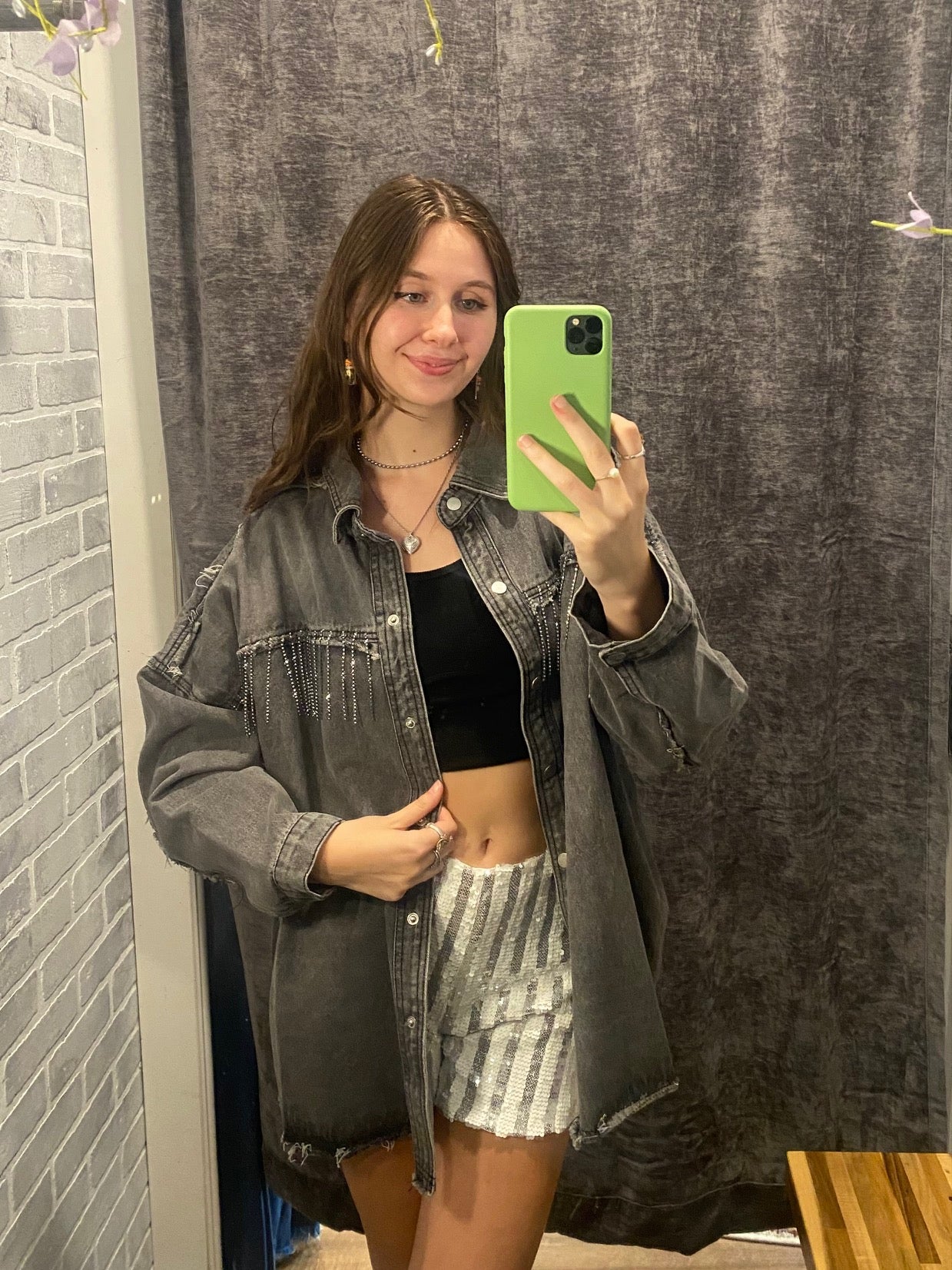 Rhinestone Denim Button-Up Shirt