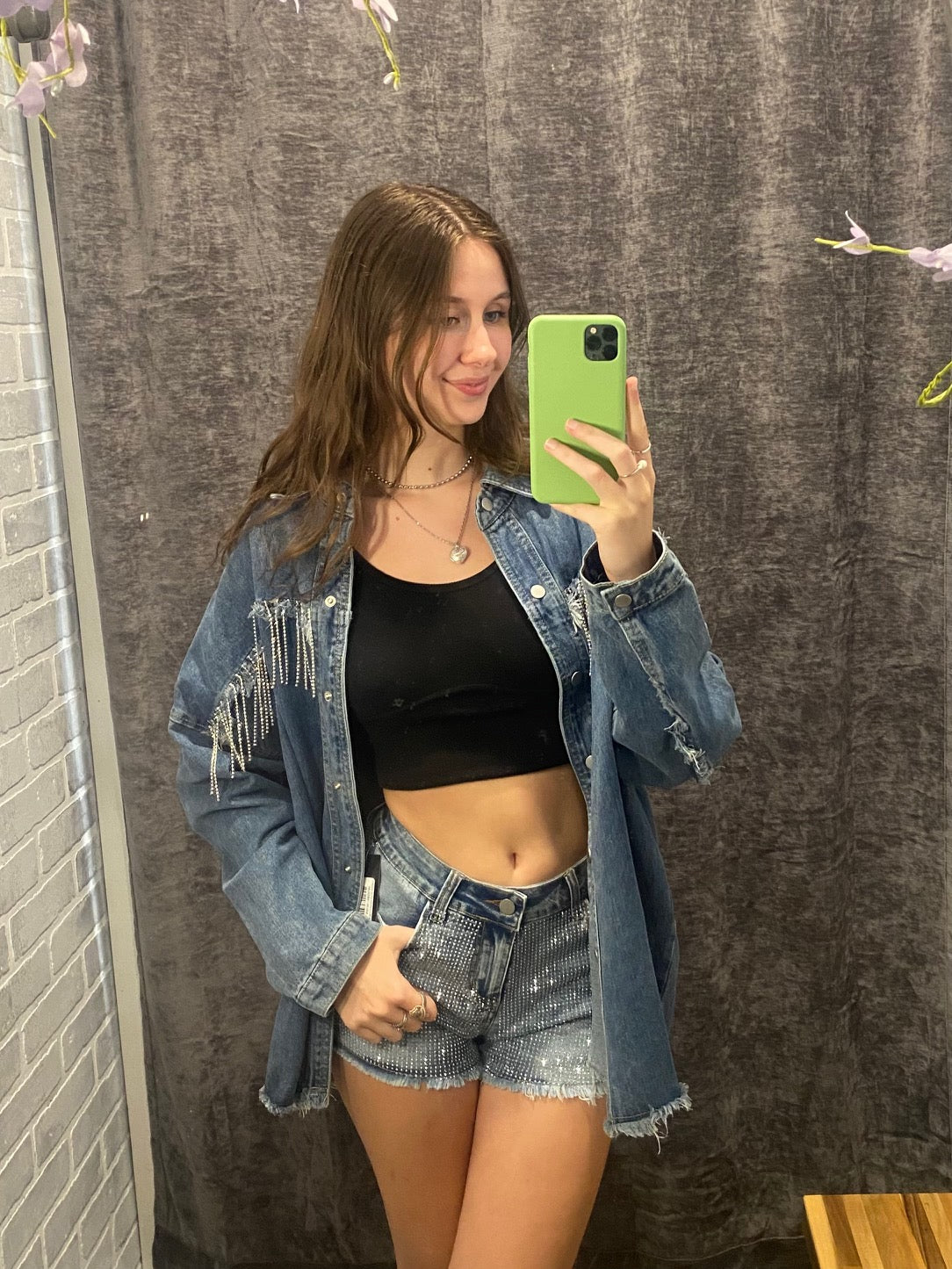Rhinestone Denim Button-Up Shirt