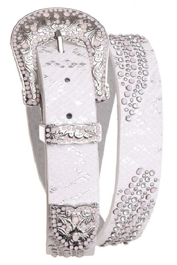 White Rhinestone Studded Leather Belt