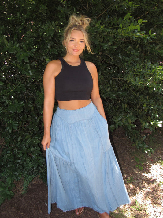 Wildflower Denim Maxi Skirt