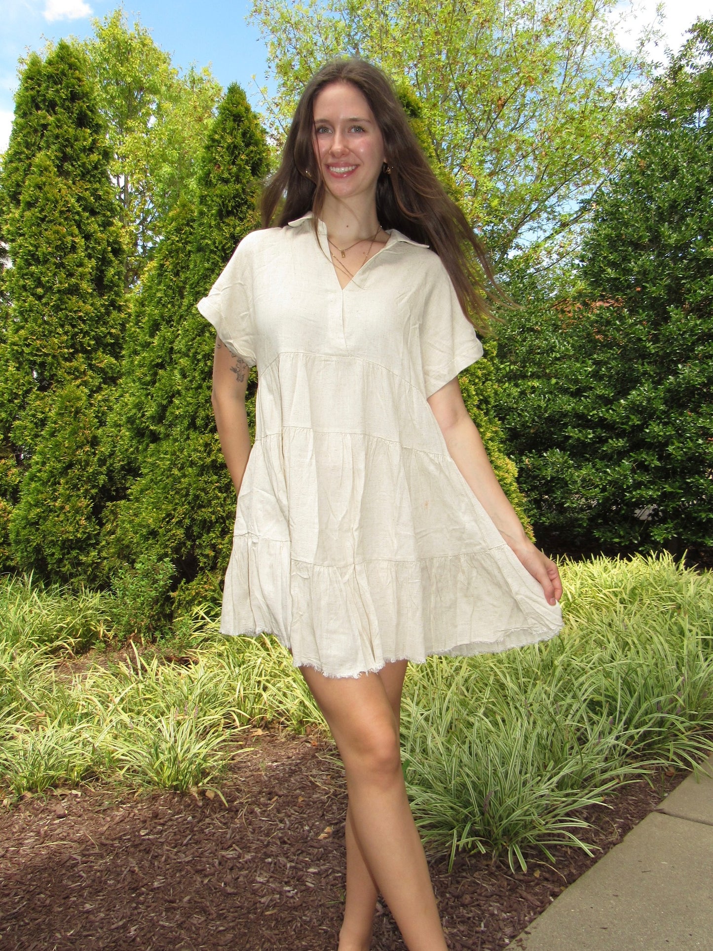 Oatmeal Tiered Linen Dress