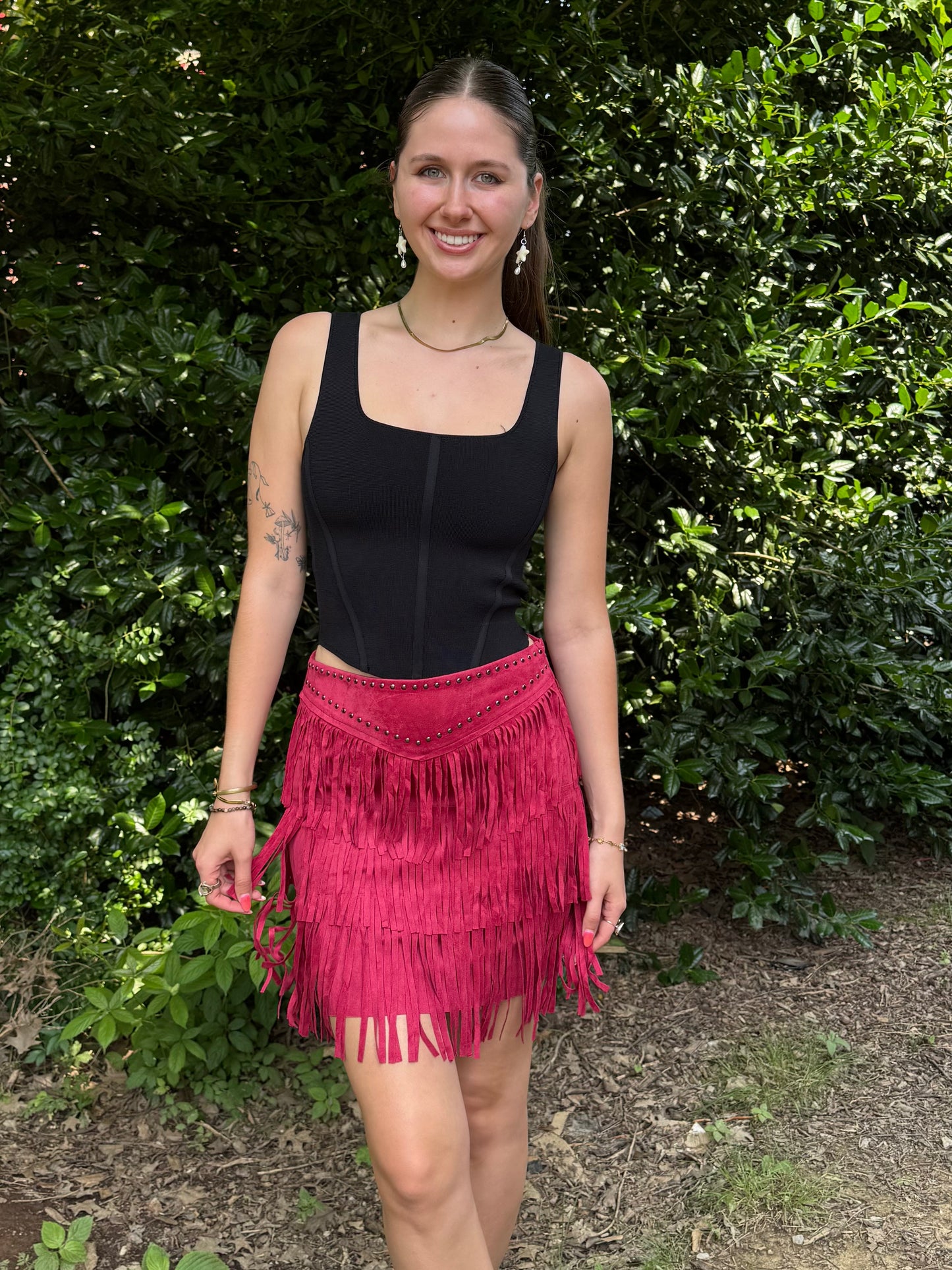 Red Studded Fringe Skirt