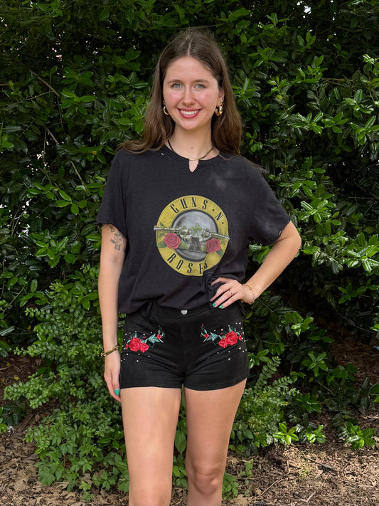 Rose Embroidered Suede Short