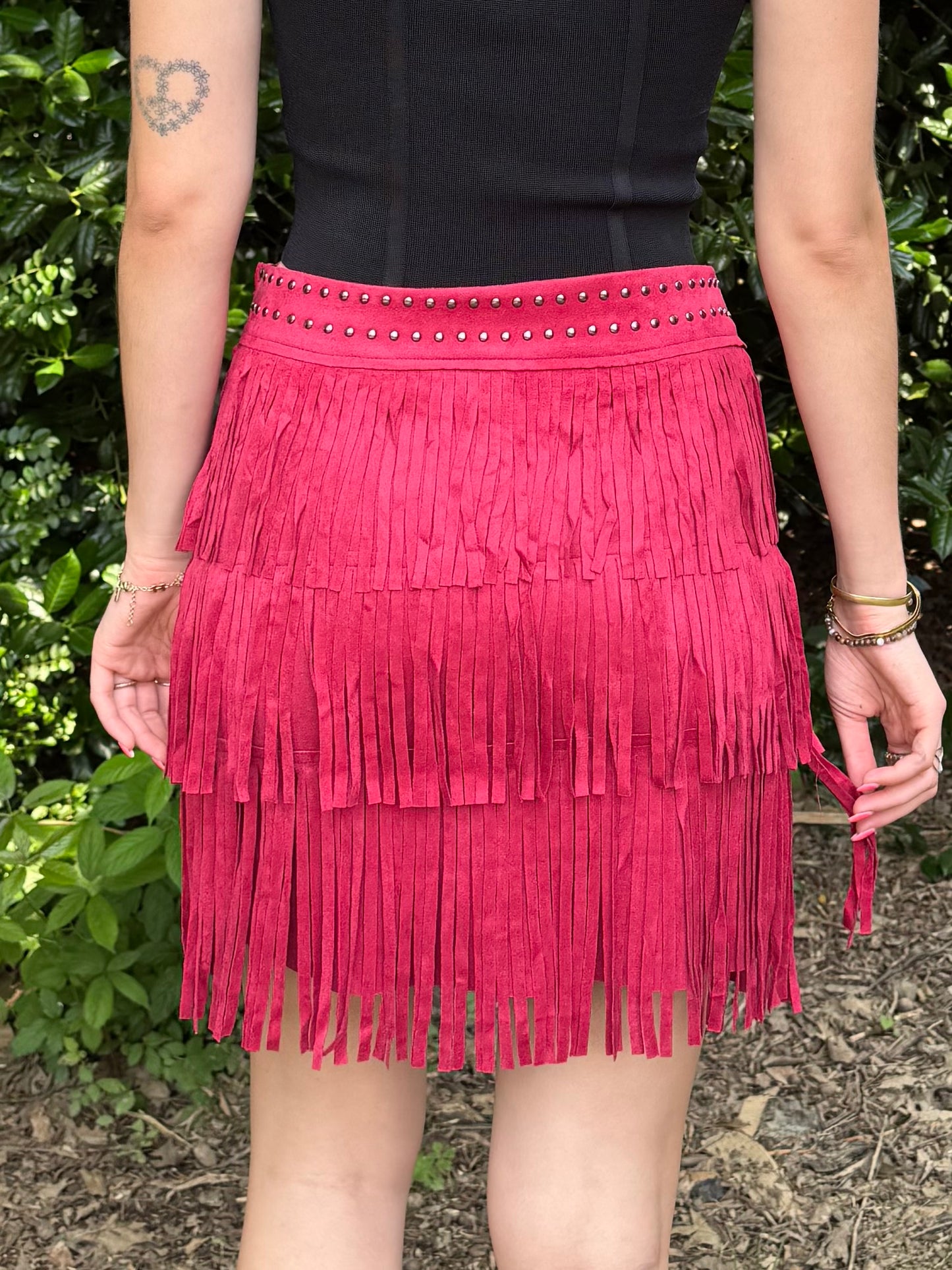 Red Studded Fringe Skirt