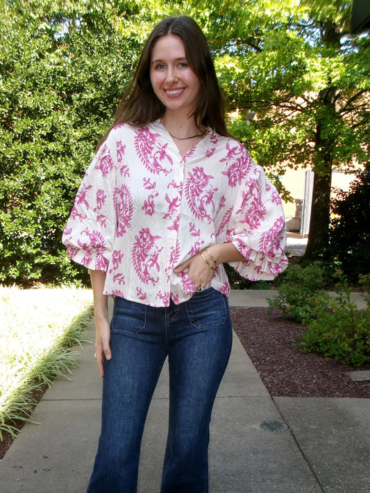 Feyre Pink Balloon Sleeve Blouse