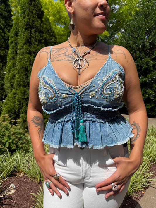 Aquamarine Beaded Denim Tank