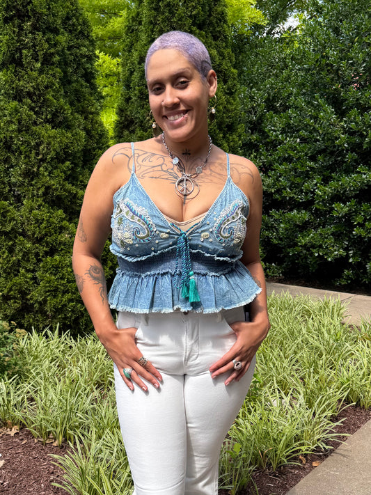 Aquamarine Beaded Denim Tank