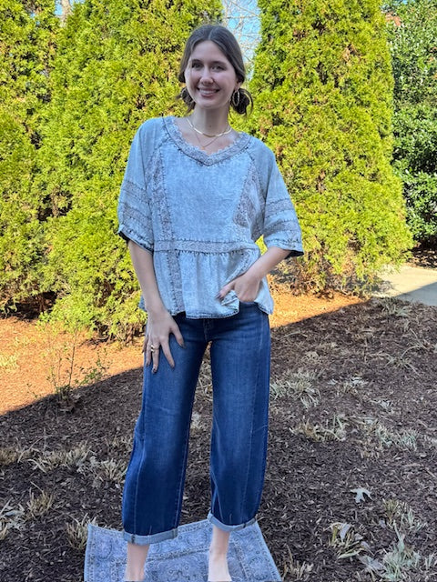 Isabelle Acid Wash Eyelet Blouse