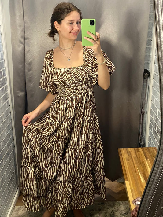 Coffee Drip Zebra Midi Dress