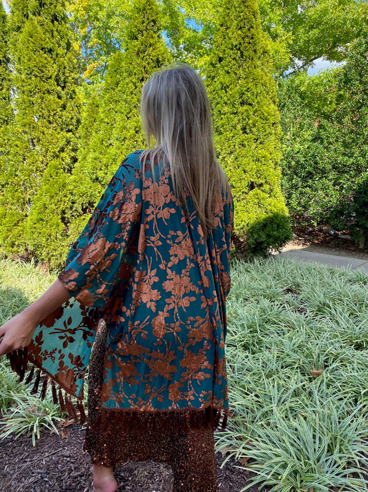 Golden Sea Fringe Velvet Kimono