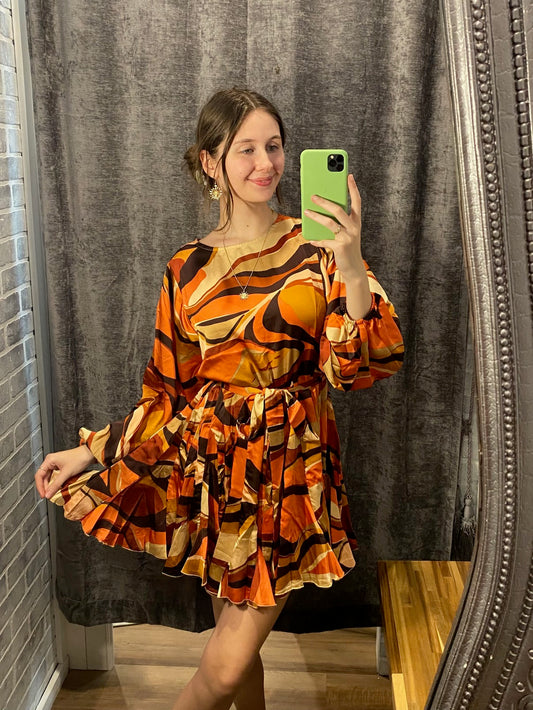 Orange Swirl Fluted Dress